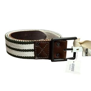 Aeropostale Canvas Leather Men’s Belt L/XL Green White Striped Reversible NEW